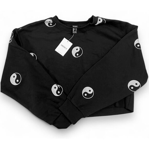 Forever 21 (0X/12/L) Black Yin-Yang Cropped Crewneck Sweatshirt Crop Top - Picture 11 of 11